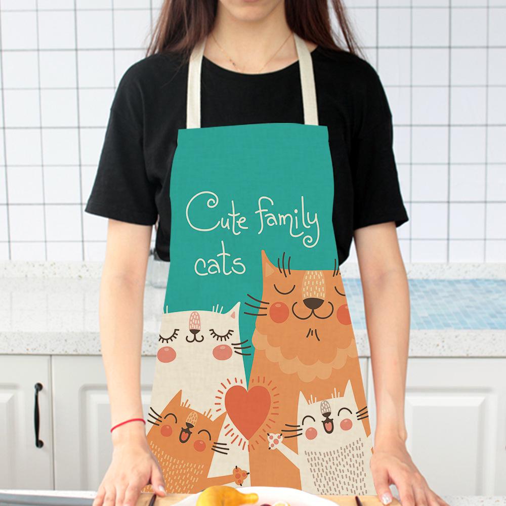 Cute Cat Women Character Waterproof Kitchen Cleaning Restaurant Bib Chef Cotton Linen Cooking Aprons