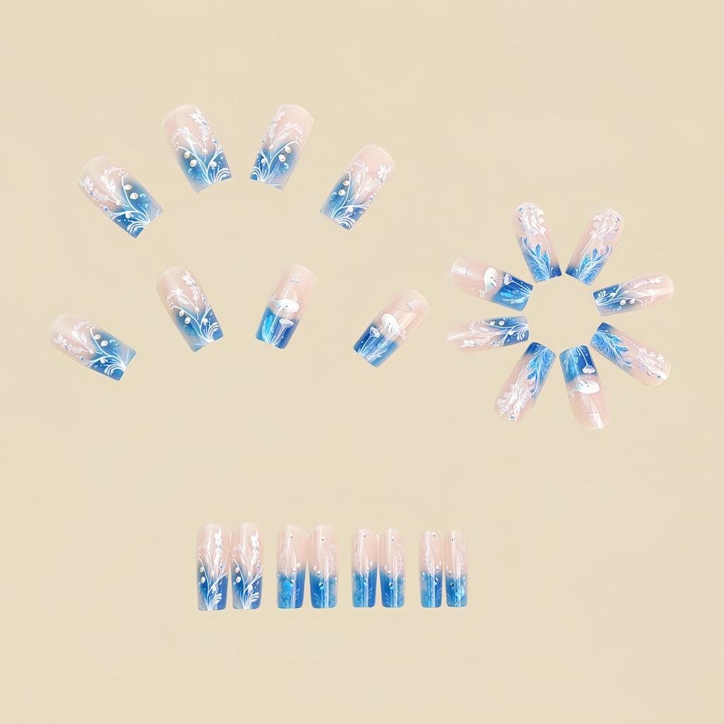 24PCS Ocean Theme False Nails with Blue Tip Easy Effortless Application To Nails for Women and Girl Nail Salon