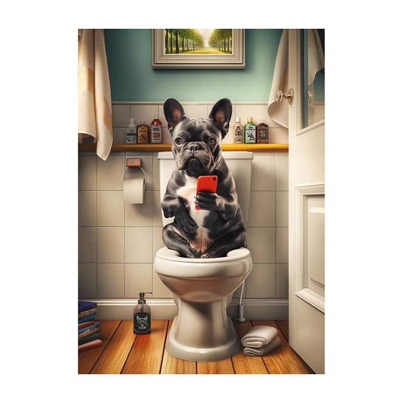 Goldendoodle Monkey Highland Cow On The Toilet Reading Newspaper Poster Animal Print Canvas Painting Funny Bathroom Wall Decor
