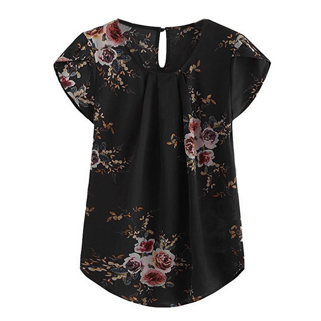 Women Casual Round Neck Basic Floral Pleated Top Cap Short Sleeve Shirt Blouse