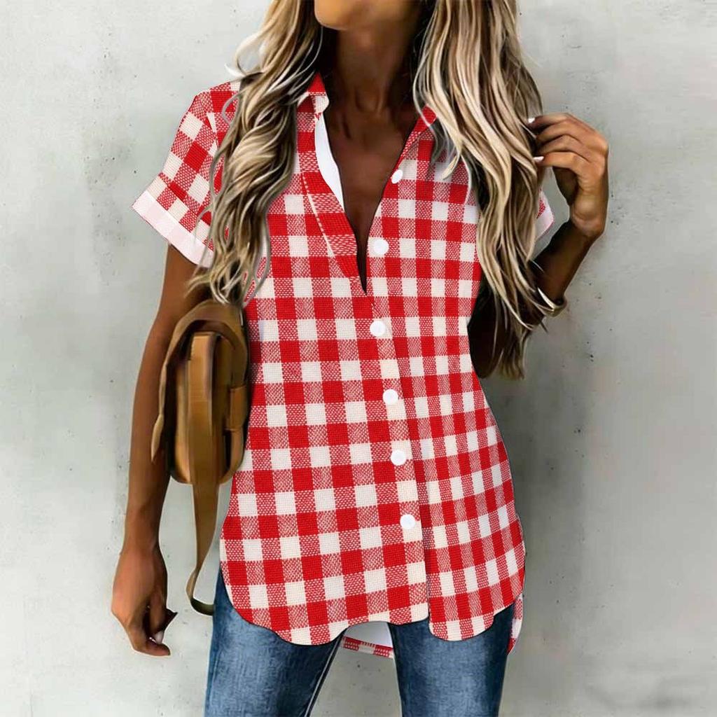 Women Plus Size Brown Blue Plaid Printed Collared Neck Short Sleeve Button Front High Low Curved Hem Shirt