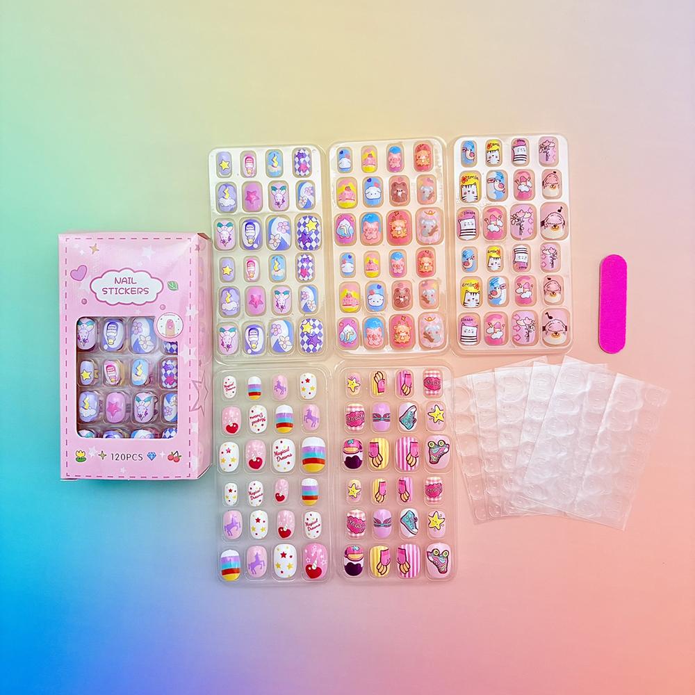 120Pcs Children's Press on Nails Kids Cartoon Acrylic Fake Nails Tips Kawaii Girl Full Cover Short False Nails With Jelly Glue#@