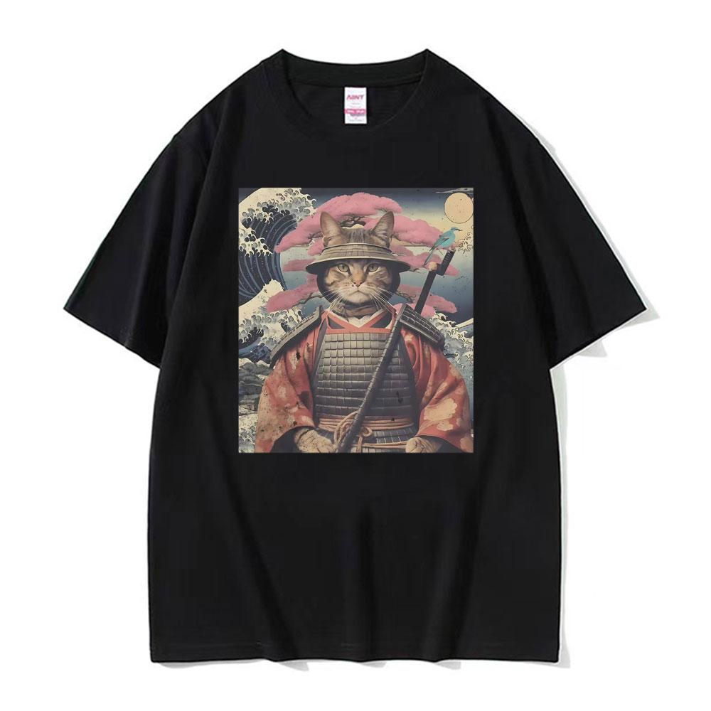 Cat Samurai Pattern T Shirt For Unisex Trendy Animal 3D Printed Tees Casual Short Sleeve Oversized Street TShirts Round Neck Tops