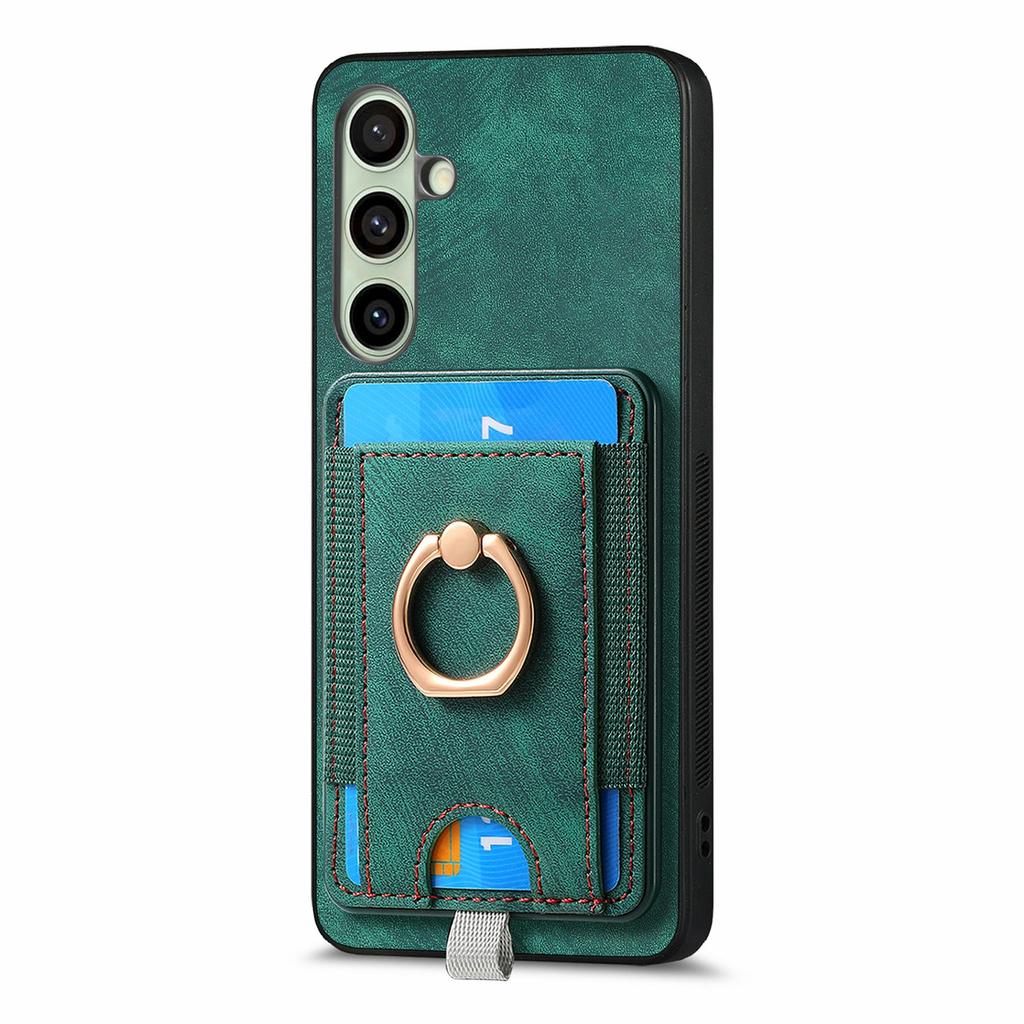 For Samsung Galaxy S24 FE Magnetic Case Card Holder Ring Kickstand PU Leather Phone Back Cover