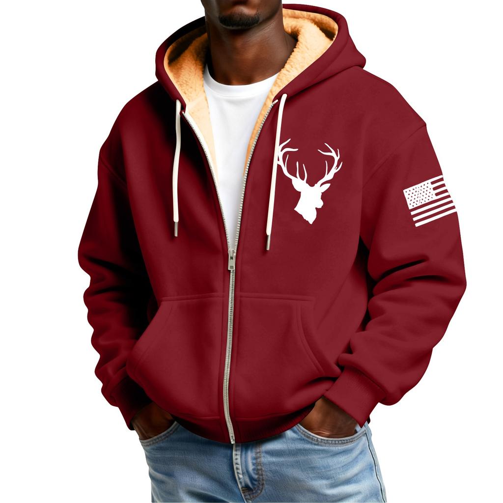 Men's Print Fleece-Lined Zip-Up Pocket Hooded Sweatshirt Cardigan Men's Casual Sweatshirt Cardigan