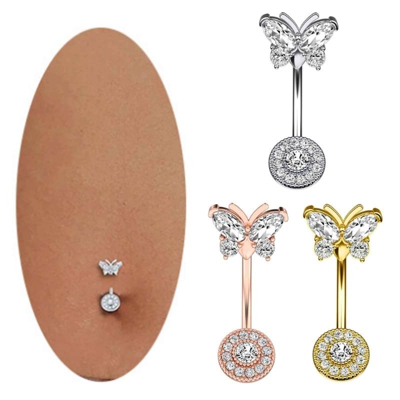 Butterfly-Belly Button Rings Stainless Steel Navel Piercing Jewelry Navel Ring Barbell for Women Girls Dangle Belly Ring