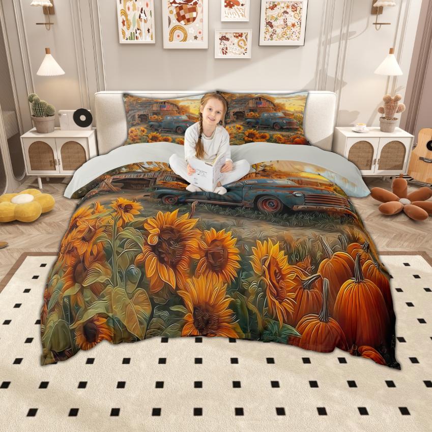 Homewish Hello Fall Duvet Cover Set Autumn Pumpkin Bedding Set Rustic Farmhouse Truck Quilt Cover Set