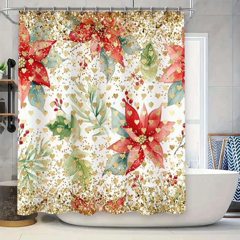 

Watercolor Christmas Flowers Shower Curtain Red Green Gold Floral Decorative Bathroom Rug Mat Waterproof Washable Modern Home De W60H190(CM)-1 Pcs