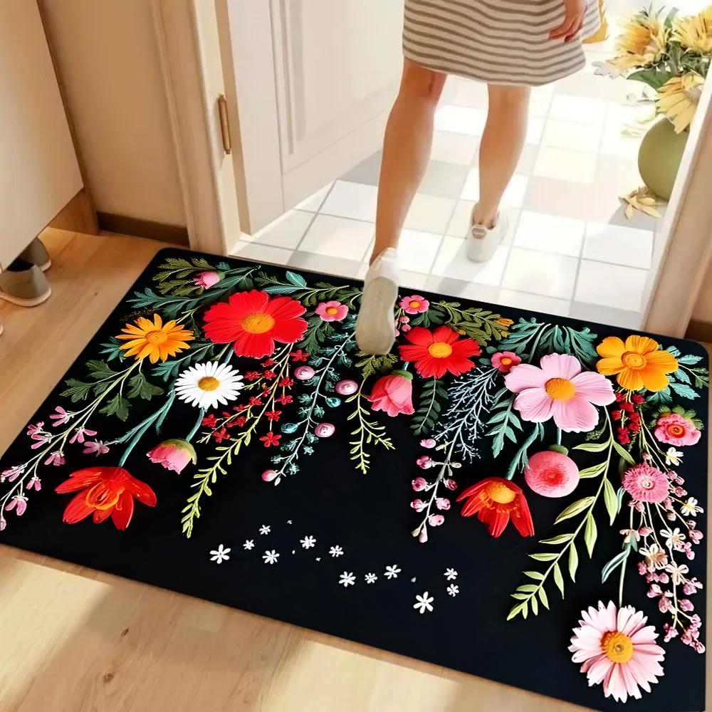 Spring Floral Printed Carpet Pink Floral Door Mat Bedroom Kitchen Living Room Porch Entrance Non Slip Carpet
