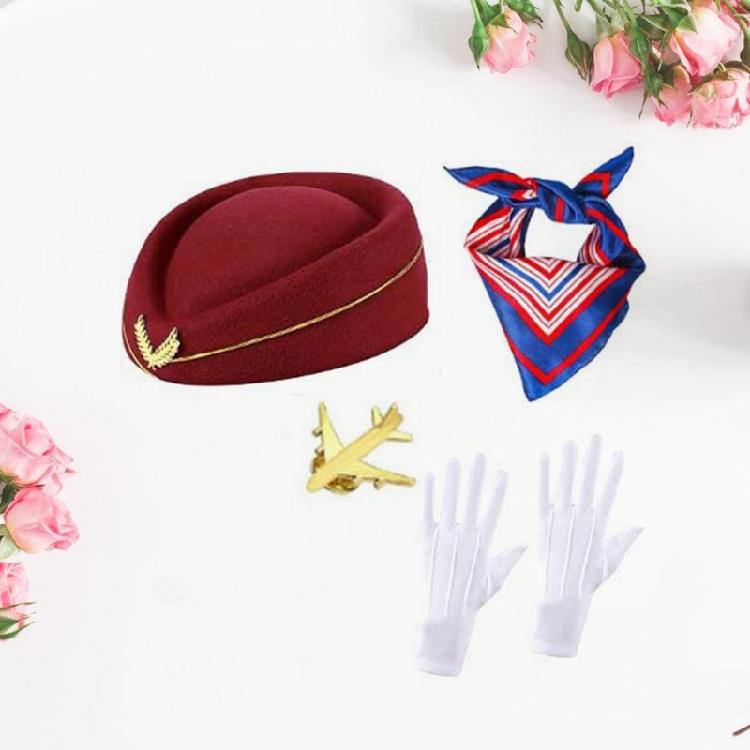 Flight Attendant Costume Accessories Women's Stewardess Outfit Air Hostess Cosplay Costume Stewardess Hat Gloves Scarf