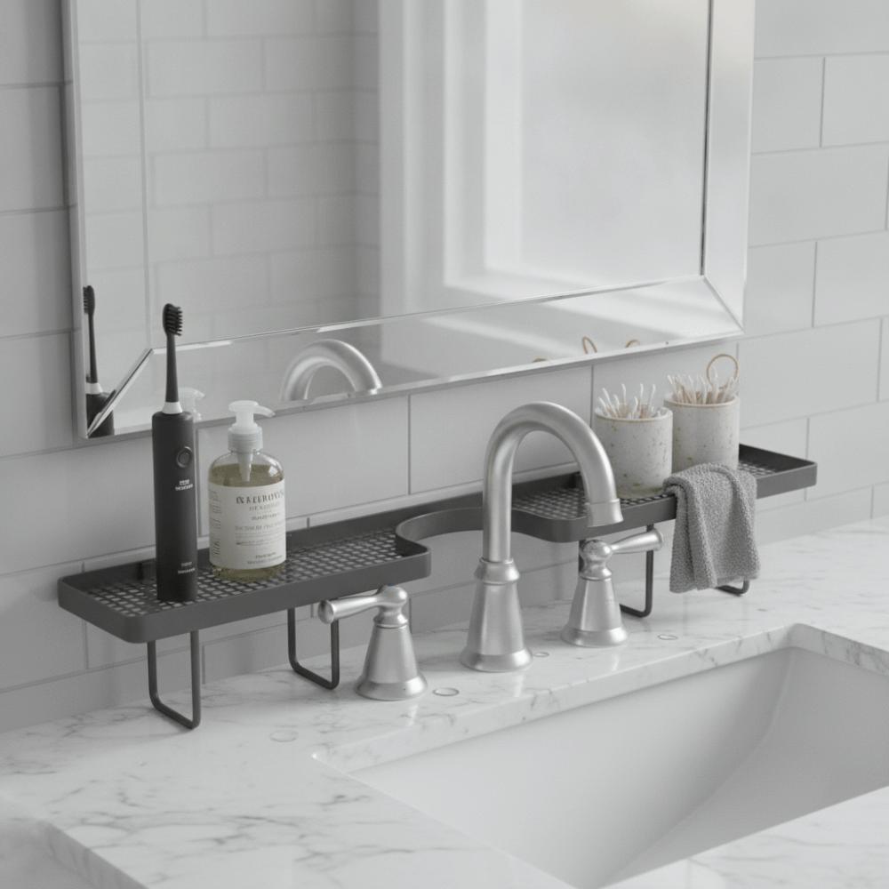 No-Drill Faucet Sink Shelf Large Capacity Faucet Drain Organizer  Mirror Front