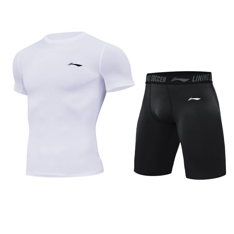 

Li Ning Однотонная футболка с круглым вырезом и коротким рукавом и шорты прямого кроя средней посадки Фитнес-костюм Мужская спортивная одежда Белый Черный YUDT059-2+YUST013-1 XL