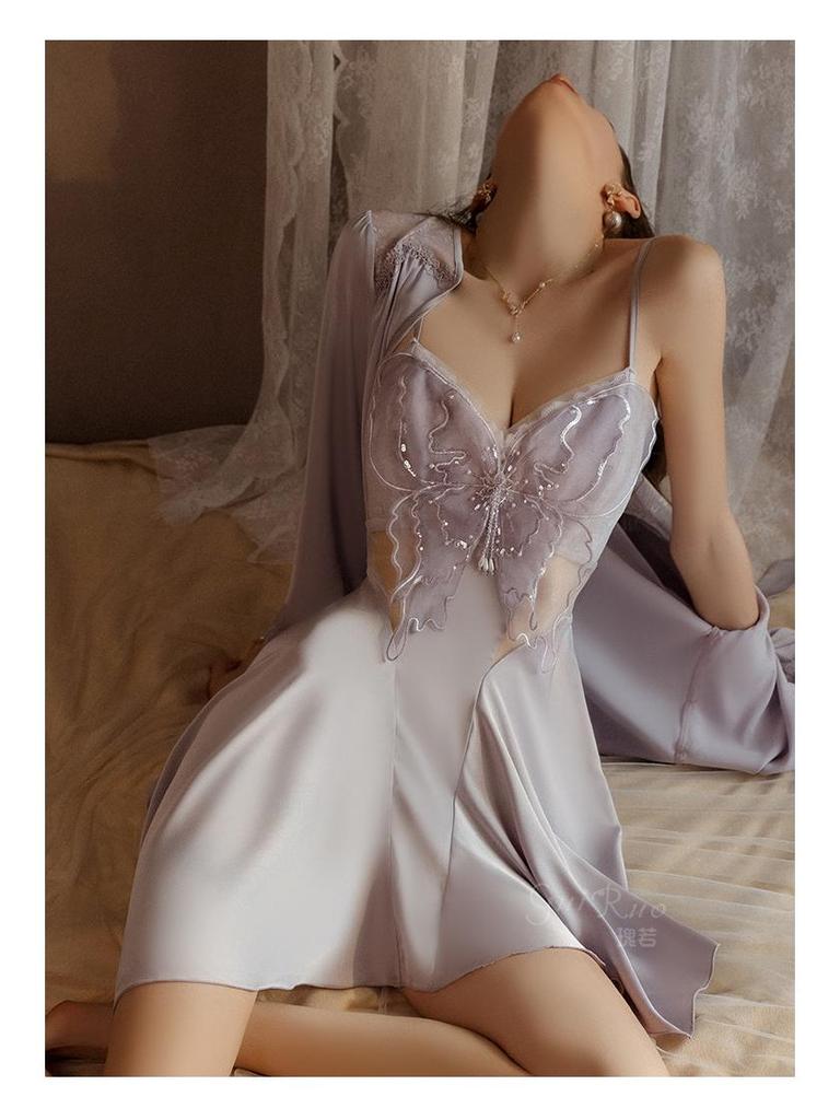 Stunning Plus Size Backless Push-Up Nightgown Set with Mesh Details