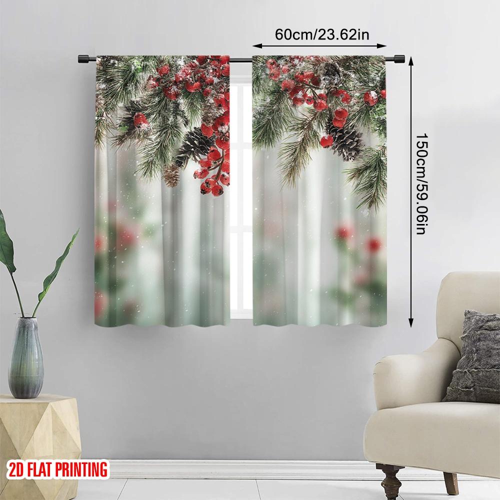 2pcs,2D plane printing Light Filtering Curtains Evergreen Fir Branches Red Ripe Holly Berries Versatile Durable Polyester