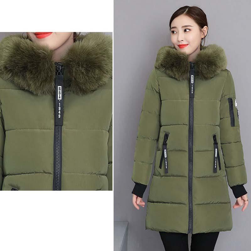 

Жіноча осінь-зима модна повсякденна бавовняна куртка з хутряним коміром Тепле товсте пальто для схуднення Довгі парки з капюшоном M армія зелений колір