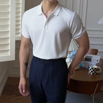 Men's Stiped T-shirts Short Sleeve Polo Slim Fit High Elastic Casual Gym Clothing Button Down Korean T-shirt Men