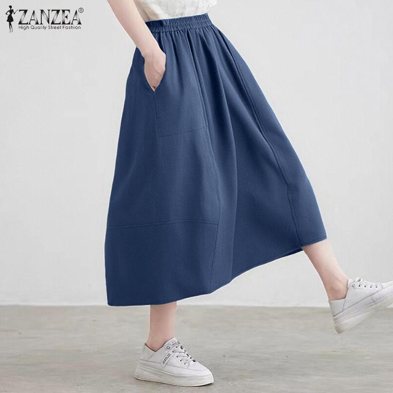 ZANZEA Womens Summer Casual Elastic Waist Solid Color Loose Skirts