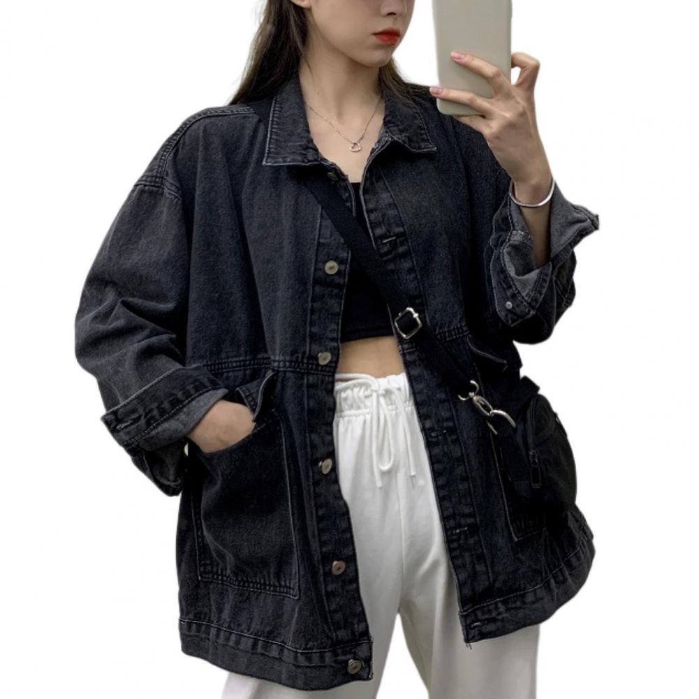 Women Jacket Washed Denim Single-breasted Cardigan Buttons Long Sleeves Turn-down Collar Women Coat Female Clothes