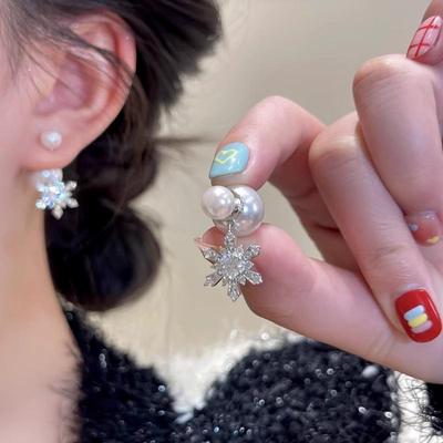 Elegant Zircon Snowflake Pearl Earrings: Versatile Christmas Design for Autumn and Winter