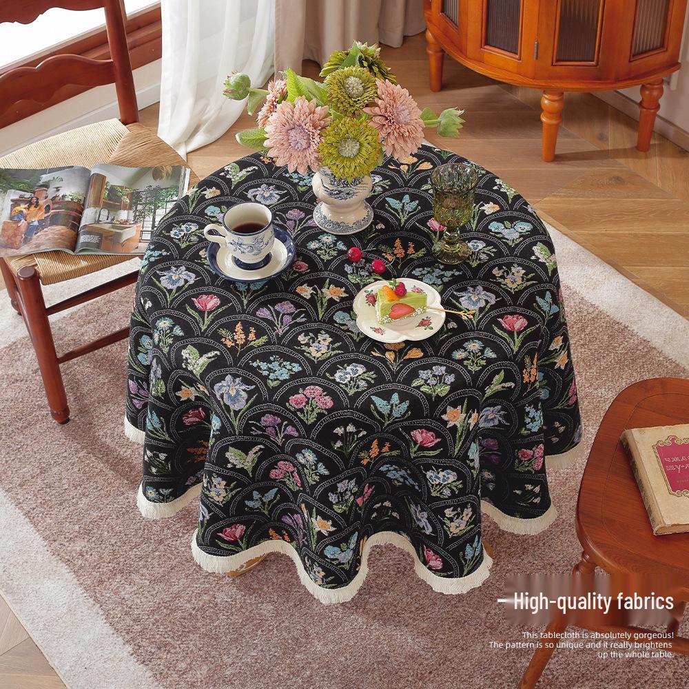 Nordic Pastoral Round Tablecloth with Small Tassels - Imitation Cotton Linen Fabric