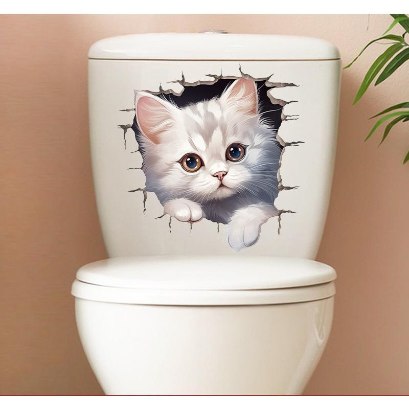 Creative Realistic Cute Cat Vision 3D Toilet Sticker Fun Animal Bathroom Toilet Lid Decor Self-adhesive PVC Waterproof Painting