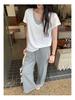 Women's Short-Sleeve V-Neck T-Shirt – Popular Loose Fit, Faux Two-Piece, Lazy Style Design