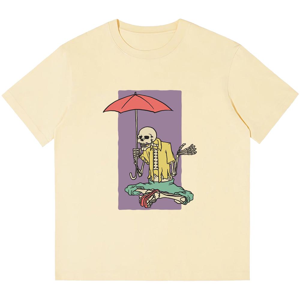 

230 GSM тяжелые хлопковые мужские футболки Скелет с зонтиком и принтом ретро-панк футболка Harajuku повседневная уличная одежда футболки