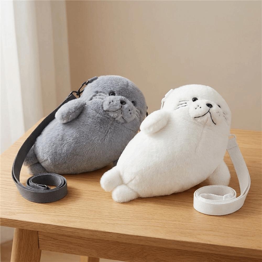 Soft Fluffy Cute Seal Shoulder Bag Cartoon Adjustable Straps Crossbody Bag Fabric Lightweight Phone Bag Women's Accessories