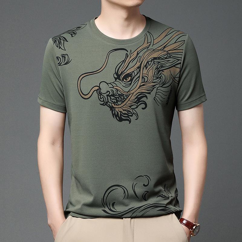 Men's Retro Printed Dragon T-Shirt Large Size Breathable Athletic Short Sleeve