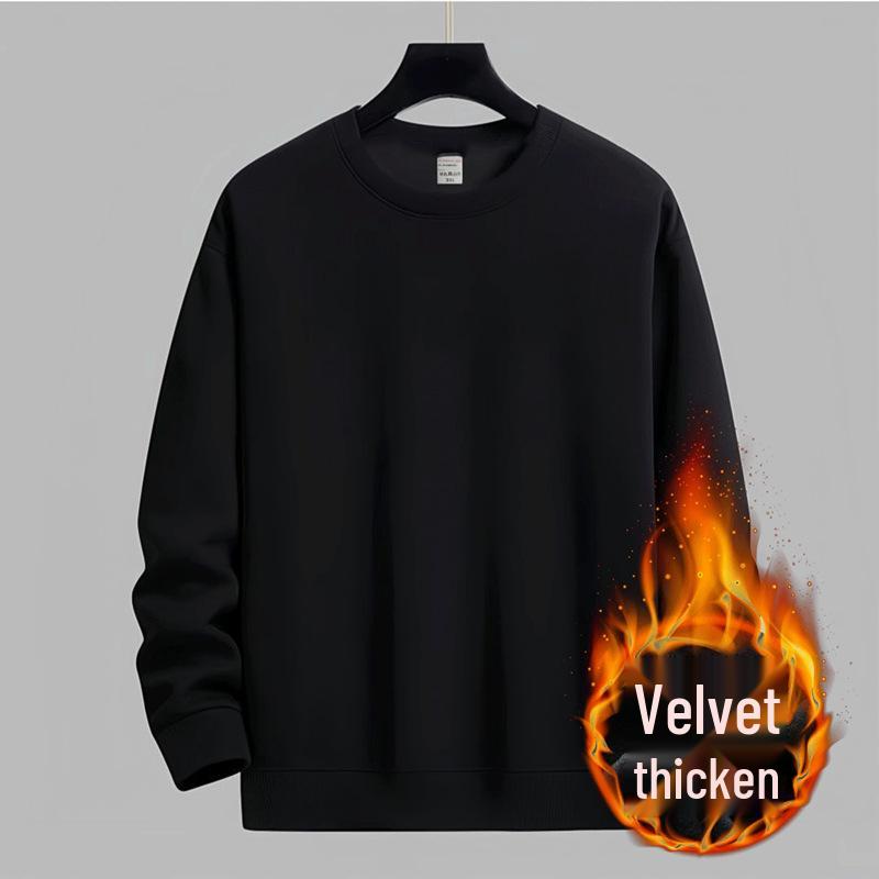 Men's Winter Fleece-Lined Sweatshirt: Solid Color, Round Neck, Long-Sleeve, Available in White & Black. Perfect for Spring and Autumn.