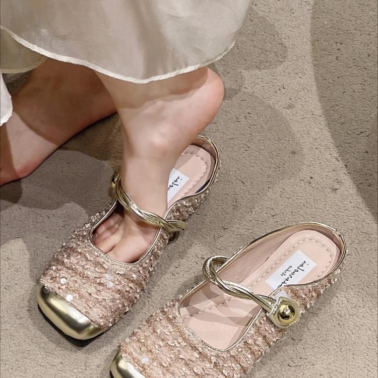 Flat-bottomed Temperament Sandals Skirt Cool Slippers Women's Sequins Heel Bag Head Mary Jane Half Slippers Low New Style with Fashion