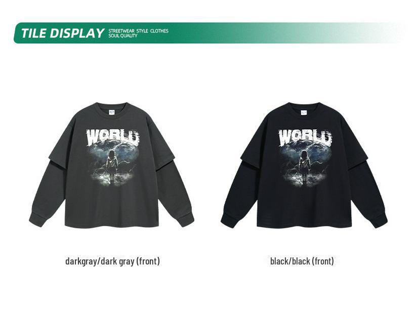 2024 Men's Fashion Long-Sleeve Digital Print Fake Two-Piece Loose Casual Shirt