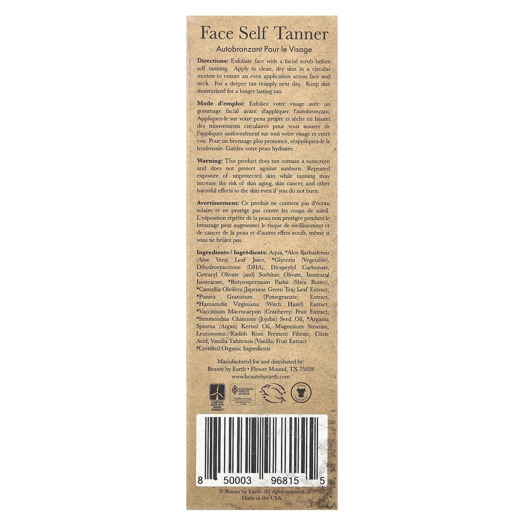 Beauty By Earth Autobronzant pentru față, Ton mediu al pielii, 3 fl oz (85 ml)