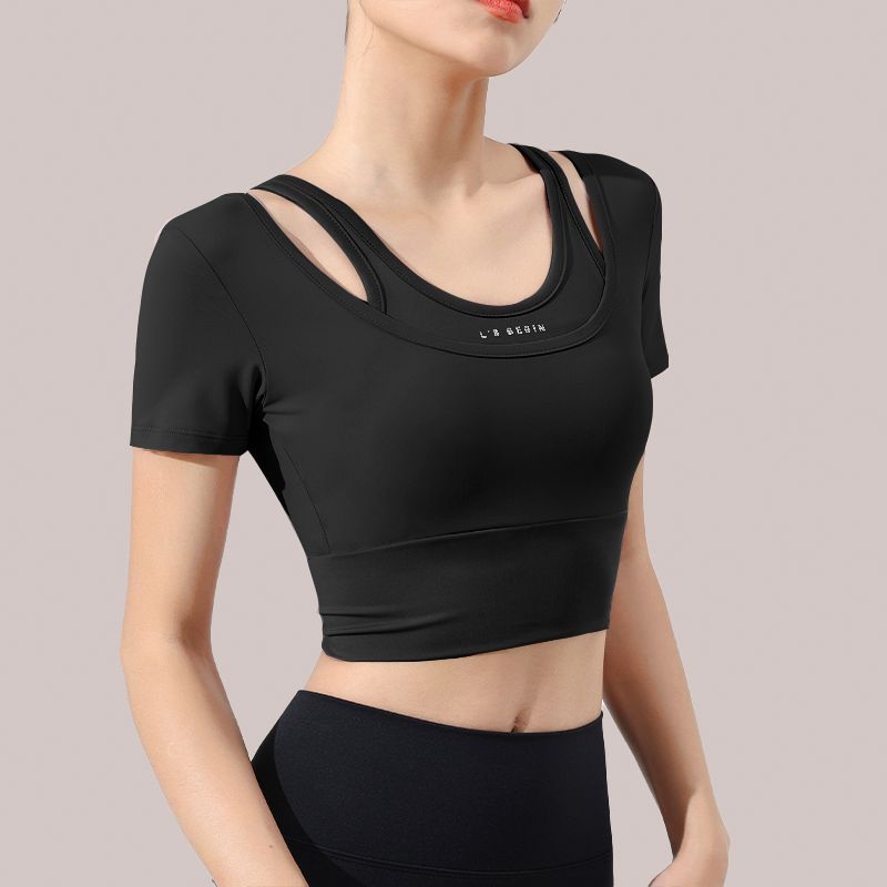 

Поддельный костюм-двойка с нагрудником, пупырчатая пленка, шорты с коротким рукавом для бега и тренировок, женский влагоотводящий облегающий дышащий топ для йоги Black S