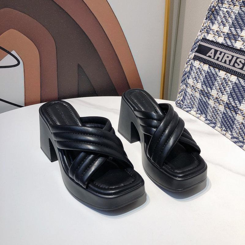 

2025 summer new Korean version fashion design cross strap high heel open toe cool slippers women s thick heel waterproof table one-word drag 39 чёрный