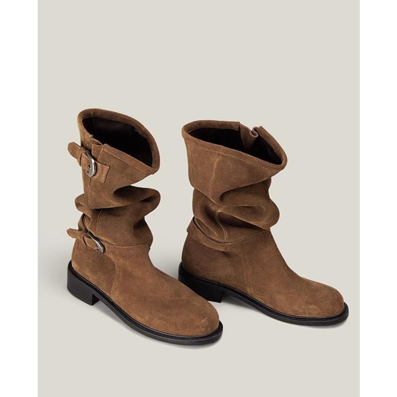 2025 nowy oryginalny design retro metalowa klamra okrągły nosek długie cholewki buty do zakładania gruby obcas trend rycerski buty za kostkę