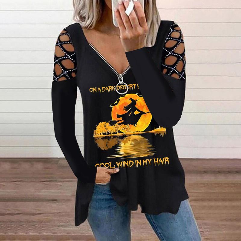 

Europe America Independent Station V-neck Hot Drilling Hollow Long-sleeved Loose T-shirt Top M