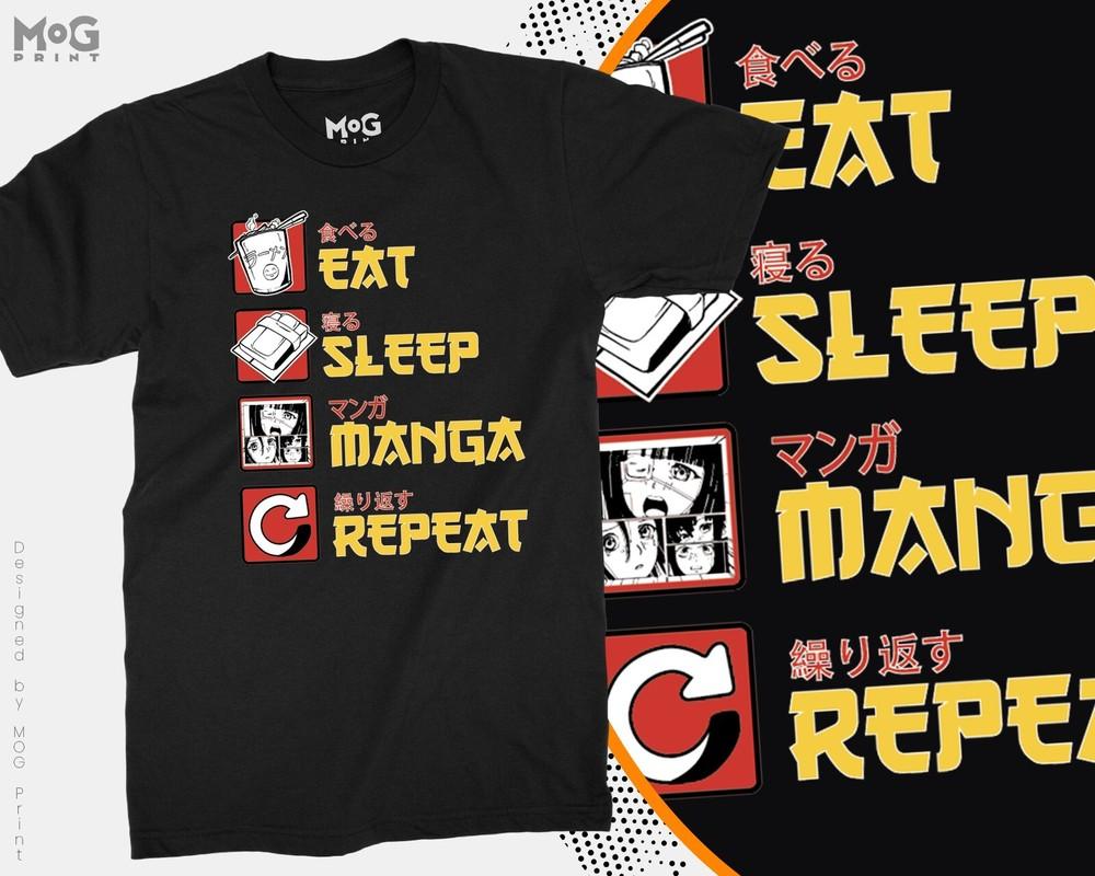Eat Sleep Manga Repeat T-shirt Funny Japanese Kanji Anime Lover Reader Gift Tee