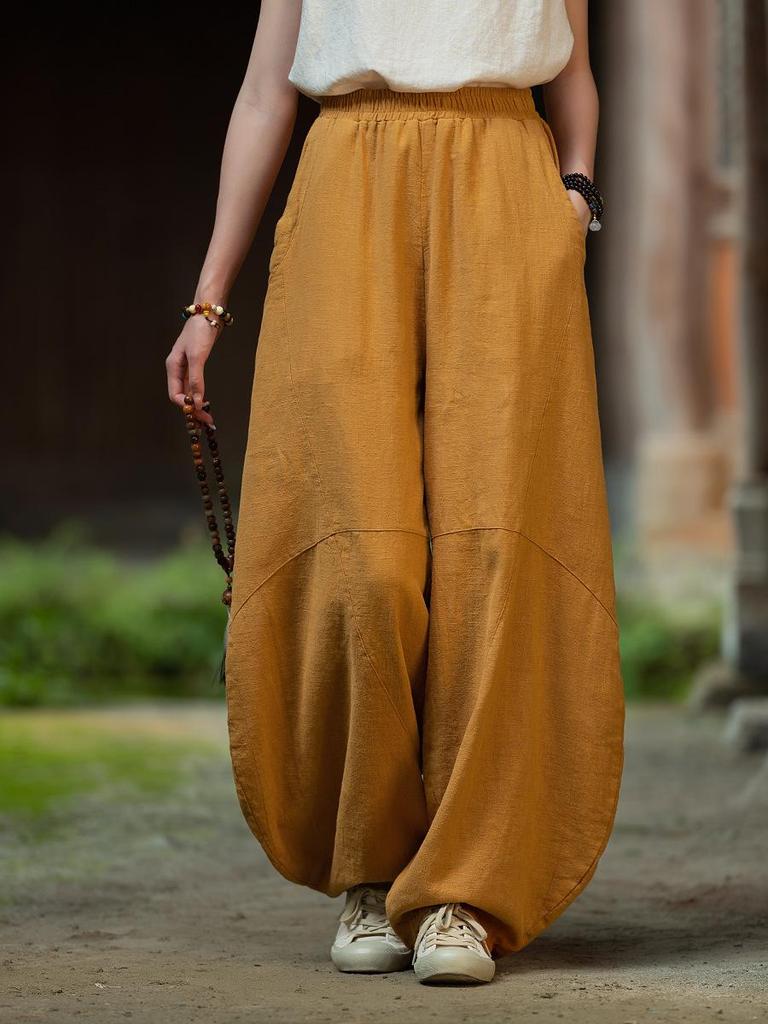 Johnature Mulheres vintage bloomers calças cor sólida retalhos cintura elástica primavera calças soltas de alta qualidade