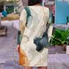 Women Plus Size V Neck Long Sleeve Abstract Printed Fitted Straight Dress