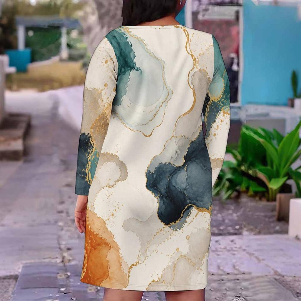 Women Plus Size V Neck Long Sleeve Abstract Printed Fitted Straight Dress