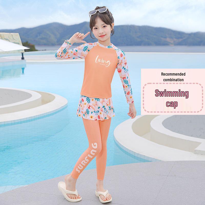 Girls' 2025 Long Sleeve Two-Piece Swimsuit for Sun Protection – Ideal for Middle and Big Kids, Perfect for Hot Springs and Swimming.