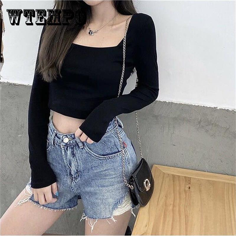 

Осень Женщины Повседневный Квадратный воротник Женщины Осень С длинным рукавом Футболка Женщины Базовый тройник Пуловер