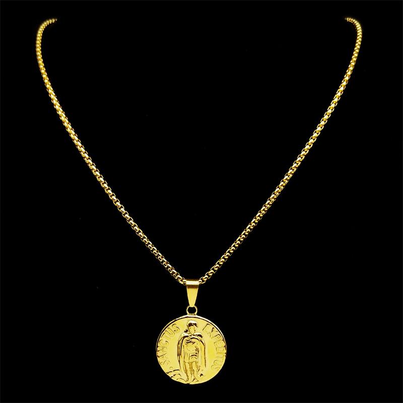 Sanctus Expeditus Medallion Pendant Necklace for Stainless Steel Men Women Gold Color Catholicism Amulet Chain Jewelry