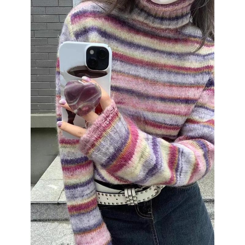 Japonský Y2k rolák Vintage duhově pruhovaný pulovr Korejská móda Pletený svetr Harajuku Grunge Pletenina