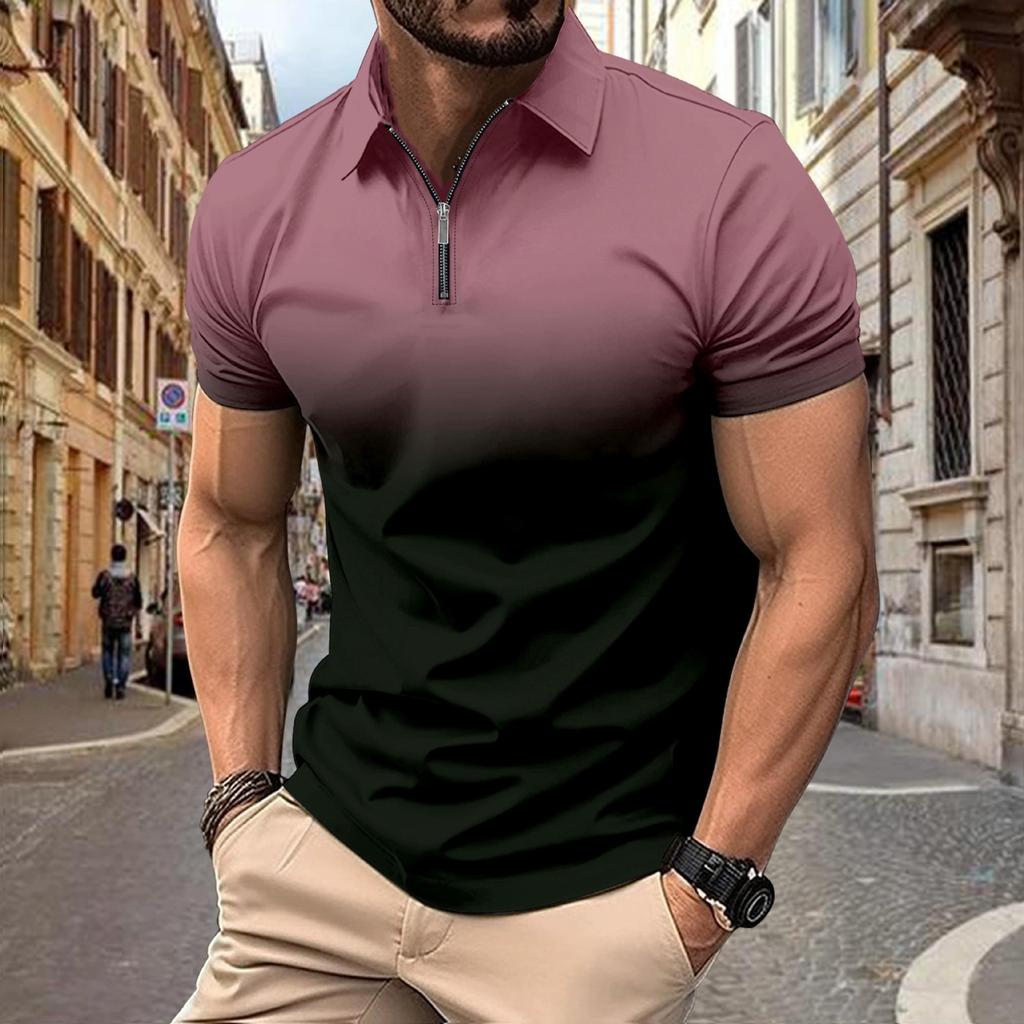 Men'S Short Sleeve Zipper Polo Shirt Interface Color 3D Printing Business Fashion Casual Shirt