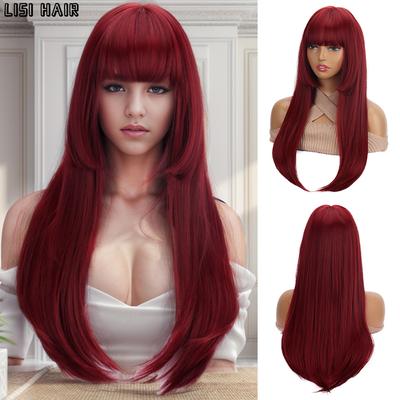 Perucă lungă și dreaptă, tăiată prințesă, sintetică, roșu închis, cu breton, peruci din fibre rezistente la căldură pentru femei Cosplay