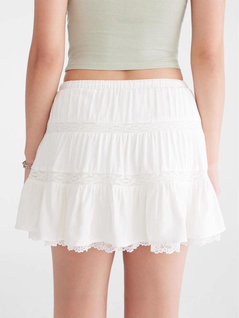 2025 Summer Women's High Waist Pleated Lace Trim Midi Skirt - Age-Reducing A-Line Design