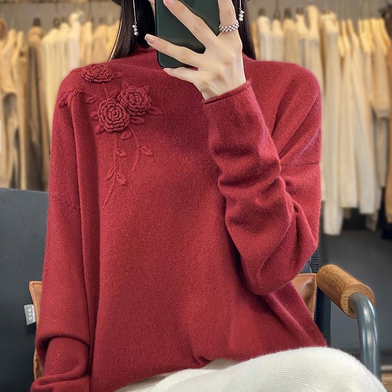Women's Casual Rolled Hem Wool Sweater, Half-High Collar Loose Fit, Solid Color Base Layer for Autumn & Winter