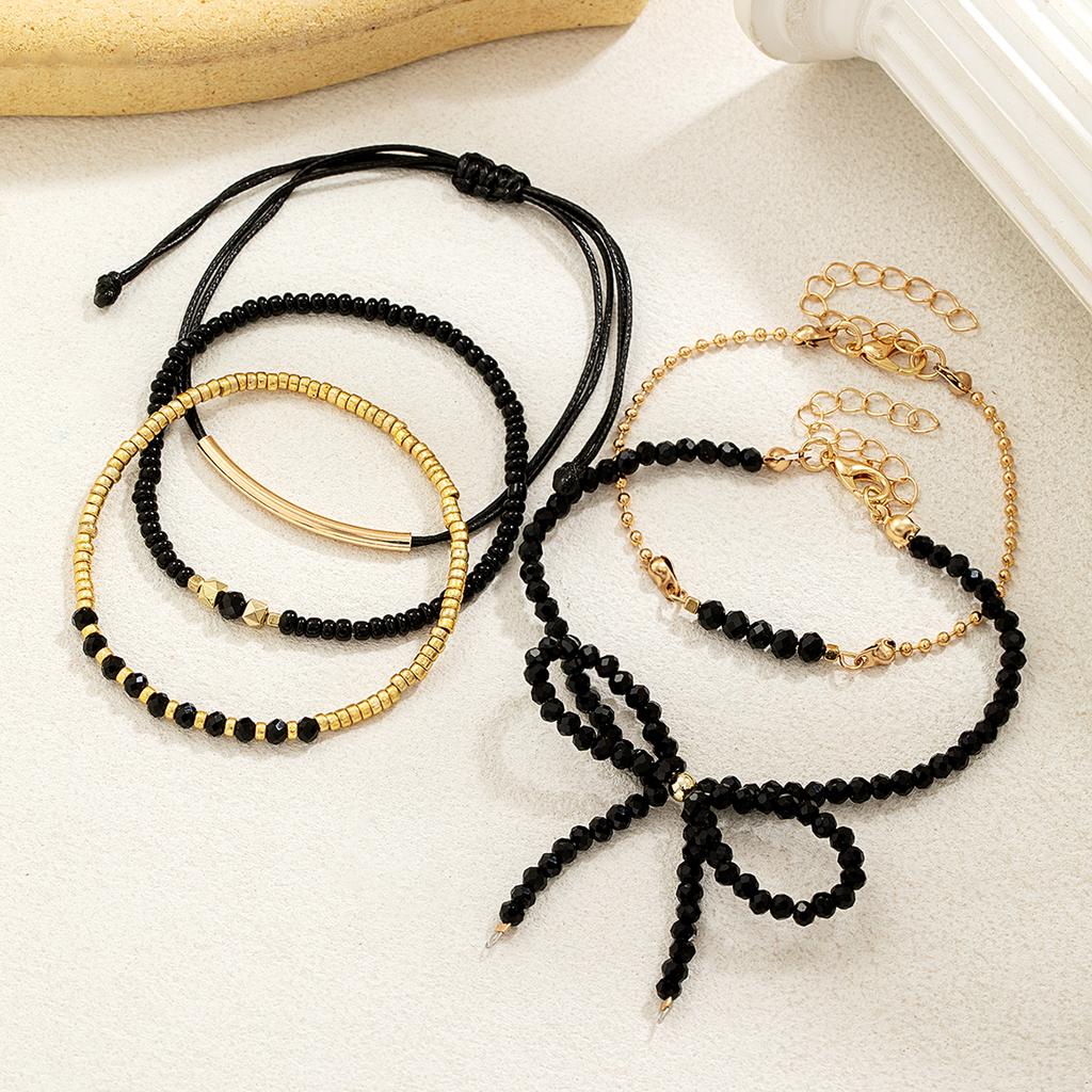 5 fashionable and simple black glass bead bow bracelet with adjustable braided bead bracelet set